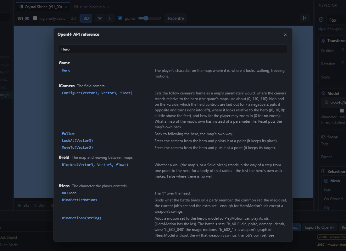 The OpenFF API reference dialog, searching for Hero