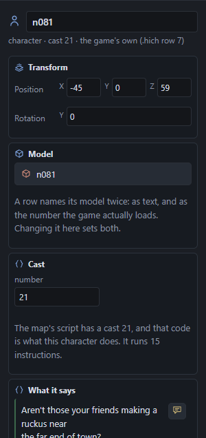The inspector for one of the game's villagers: model, cast, what it says