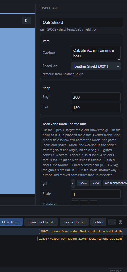 The Look card on a shield: glTF, scale, rotation, offset, clip