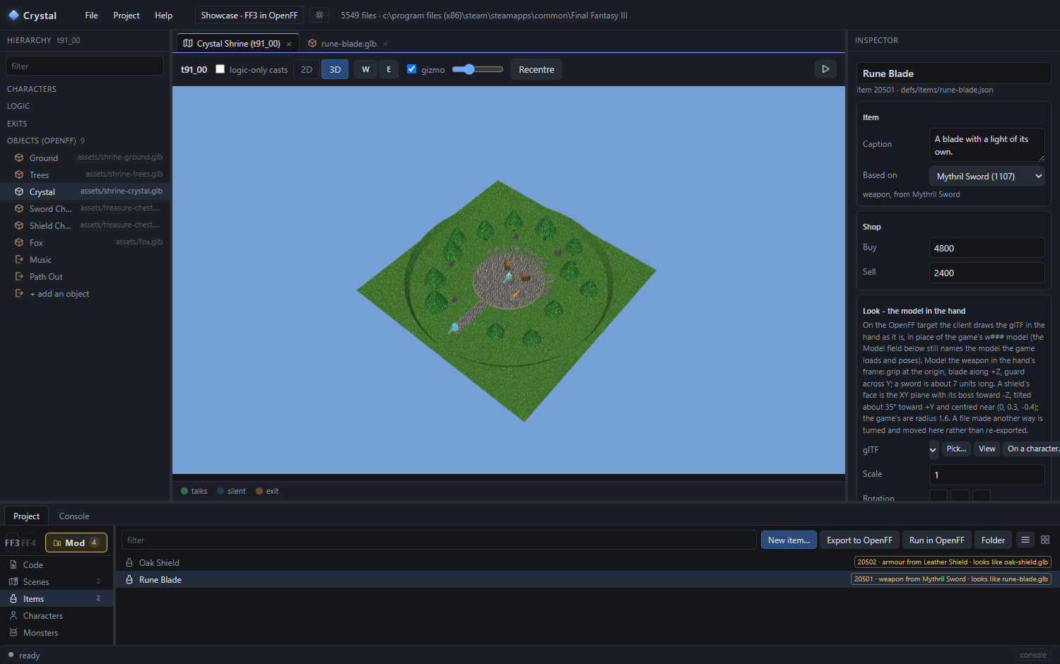 The Items list on the Mod side, with the inspector showing a definition