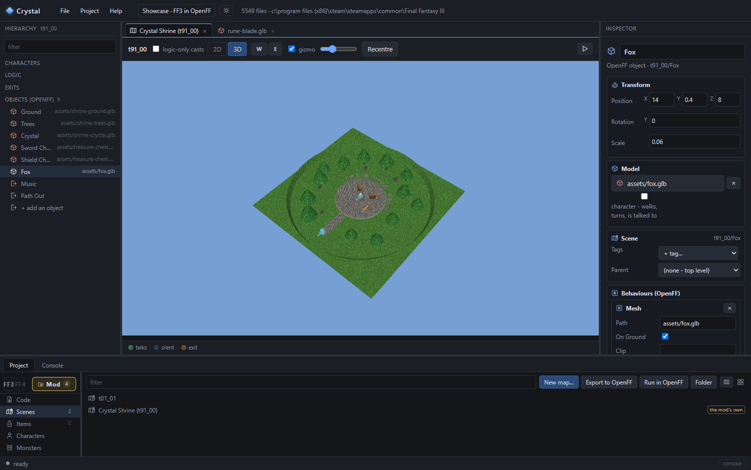 The map editor: hierarchy on the left, 3D view in the middle, inspector on the right, project panel below