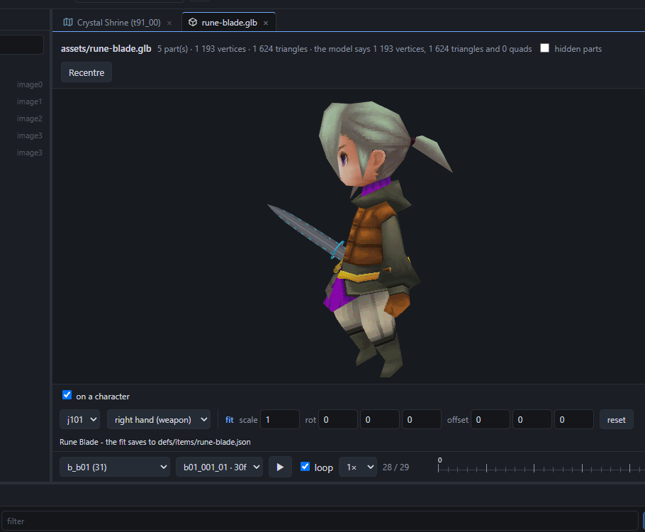 The model viewer showing a sword in a character's hand, mid animation