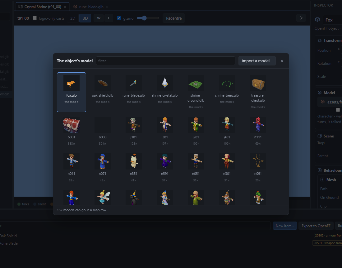 The model picker showing the mod's glTF files and the game's models as pictures