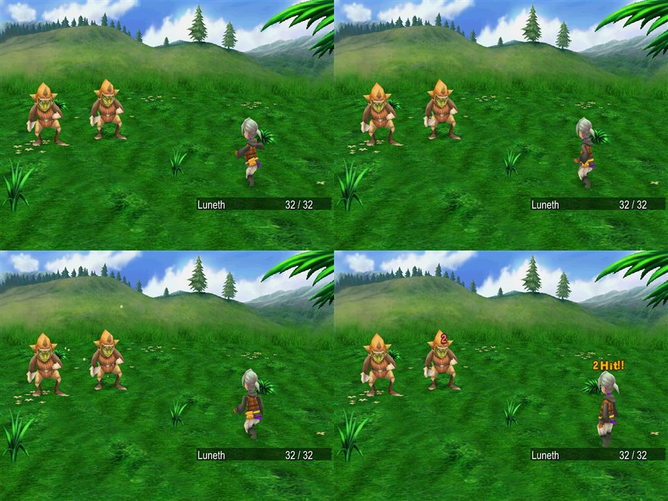 Four frames of a battle with the remade Luneth attacking a goblin