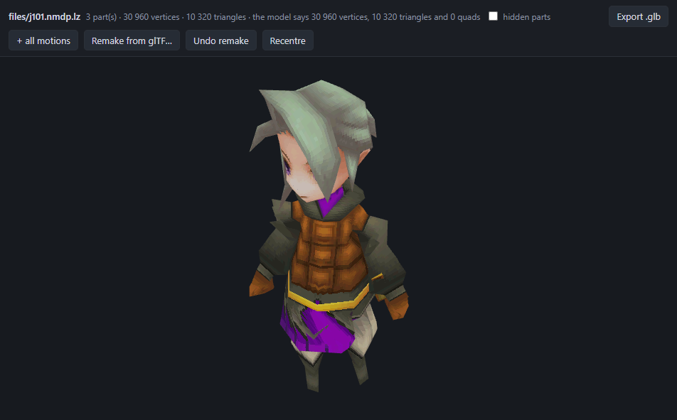 The model viewer with j101 remade at 10,320 triangles, the Remake and Undo buttons in the bar