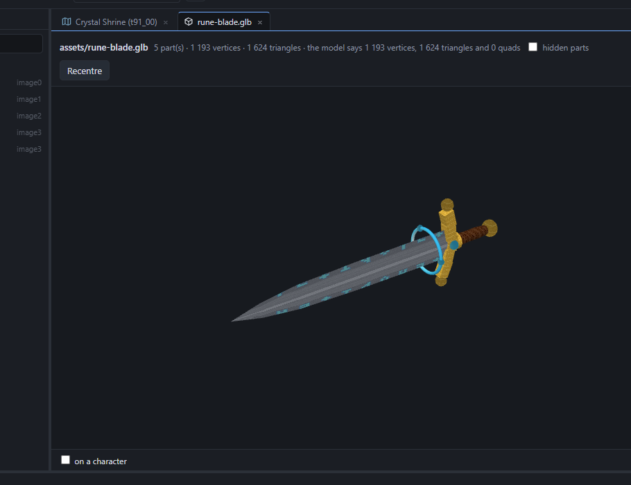 The model viewer showing the rune blade