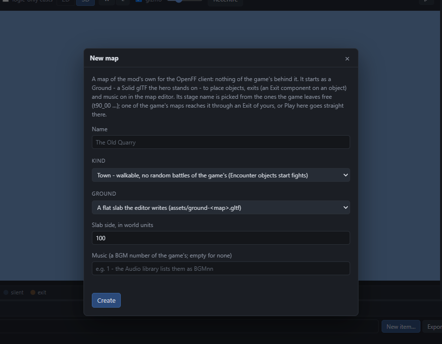 The New map dialog: name, kind, ground, slab size, music