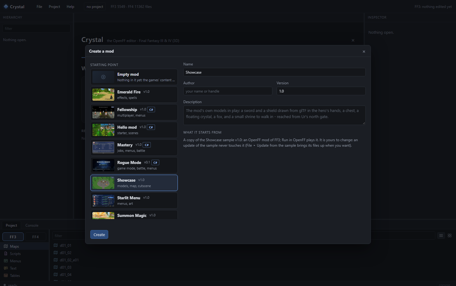 The Create a mod dialog: starting points on the left, the name, author, version and description on the right