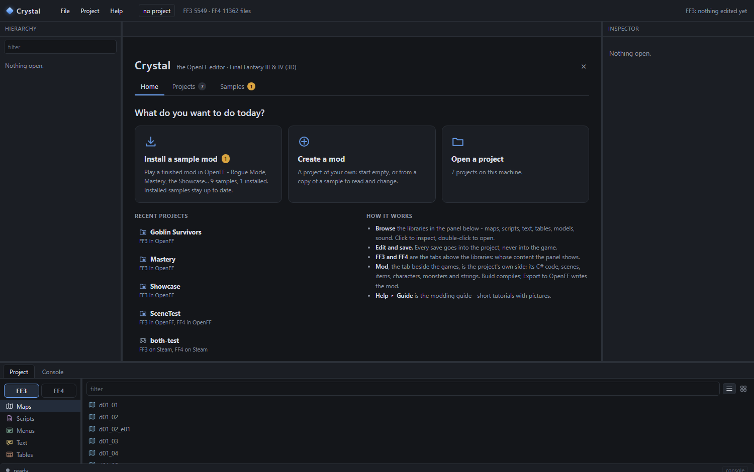 Crystal's start page: Install a sample mod, Create a mod, Open a project