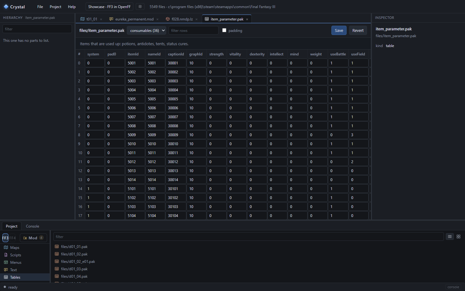 The item table in the table editor