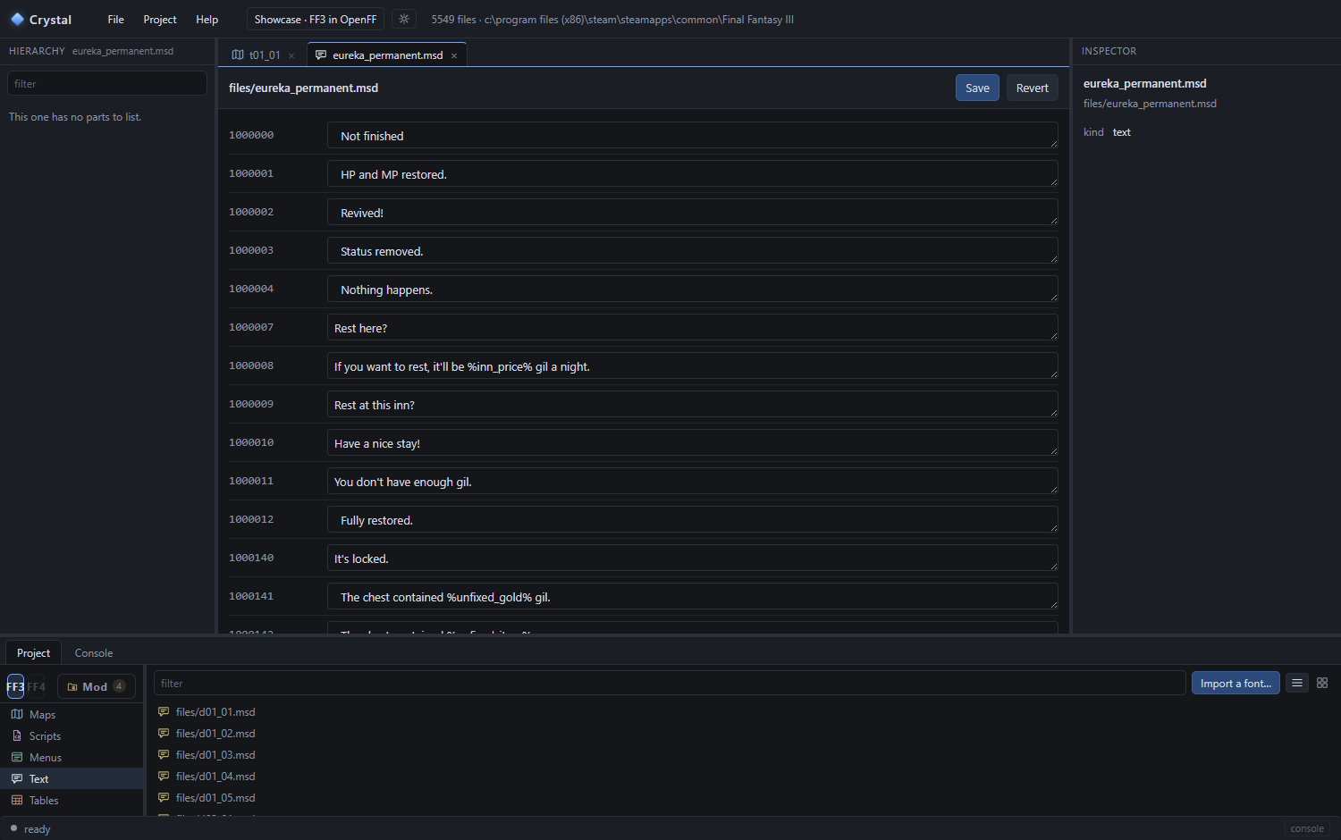 The text editor on the game's message file