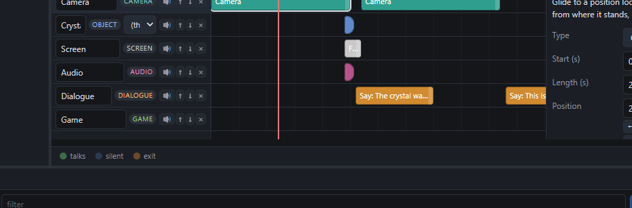The timeline dock: tracks on the left, clips on the lanes, the picked clip's arguments on the right