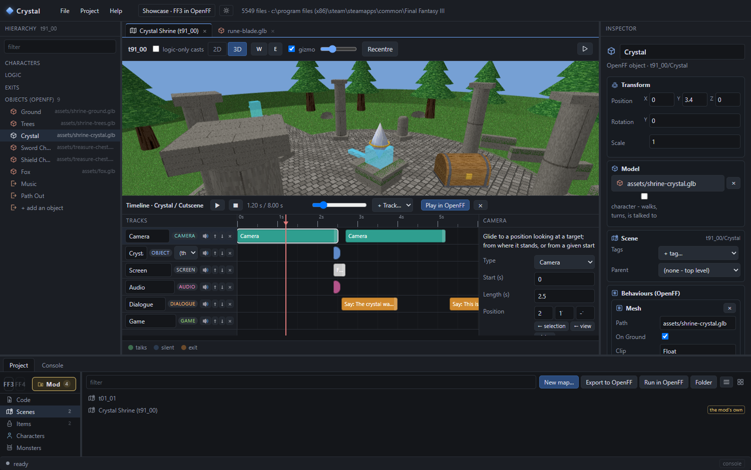 Crystal with the map editor and the timeline dock open